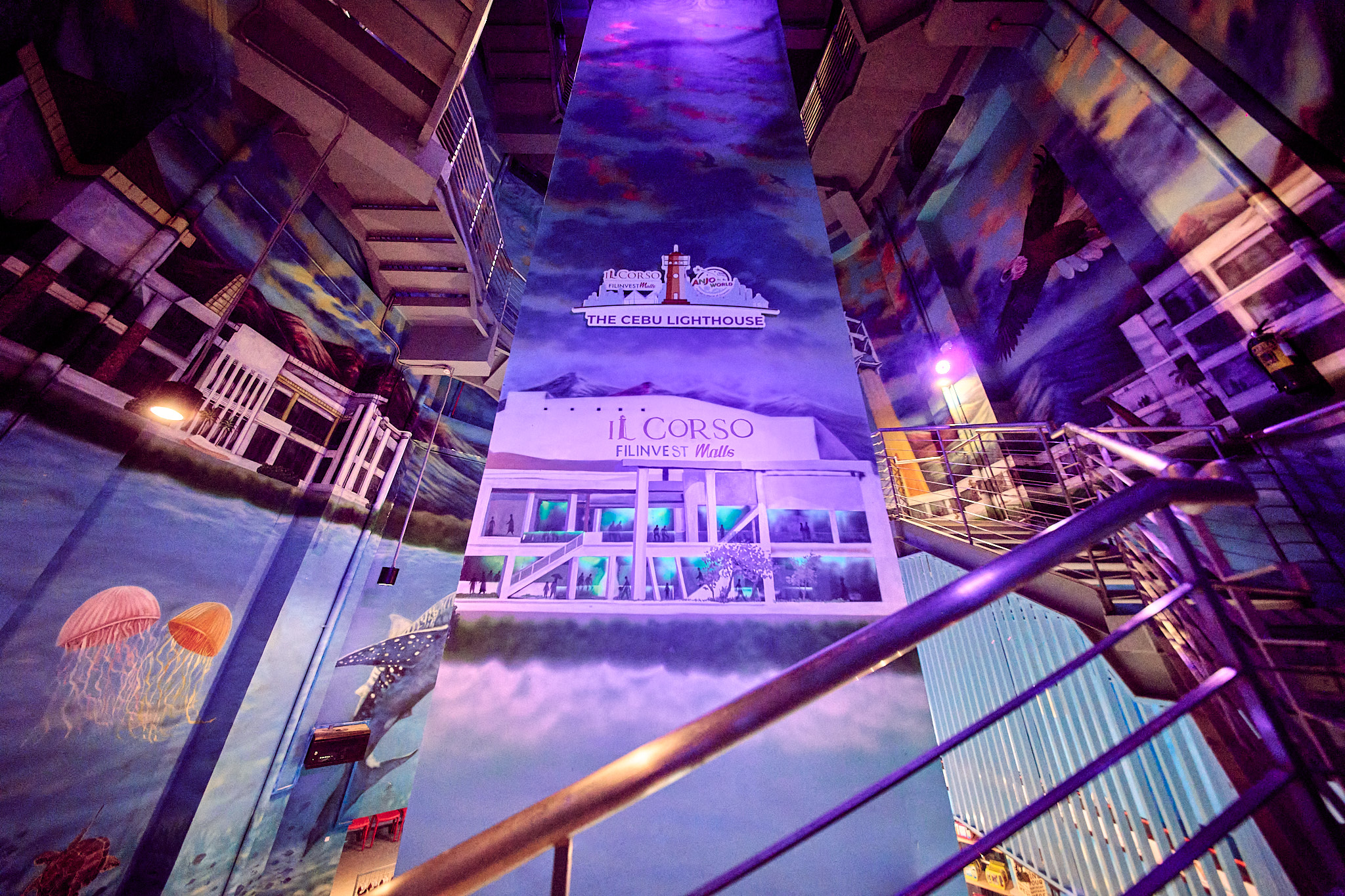 Mural stairwell at night